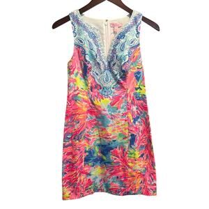 Lilly Pulitzer Fallon Shift Dress Multi Palm Beach Coral Pink Sz 0 Summer Preppy